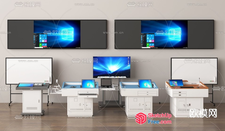 Modern Office Setup With Multiple Computers And Monitors 3D SketchUp File