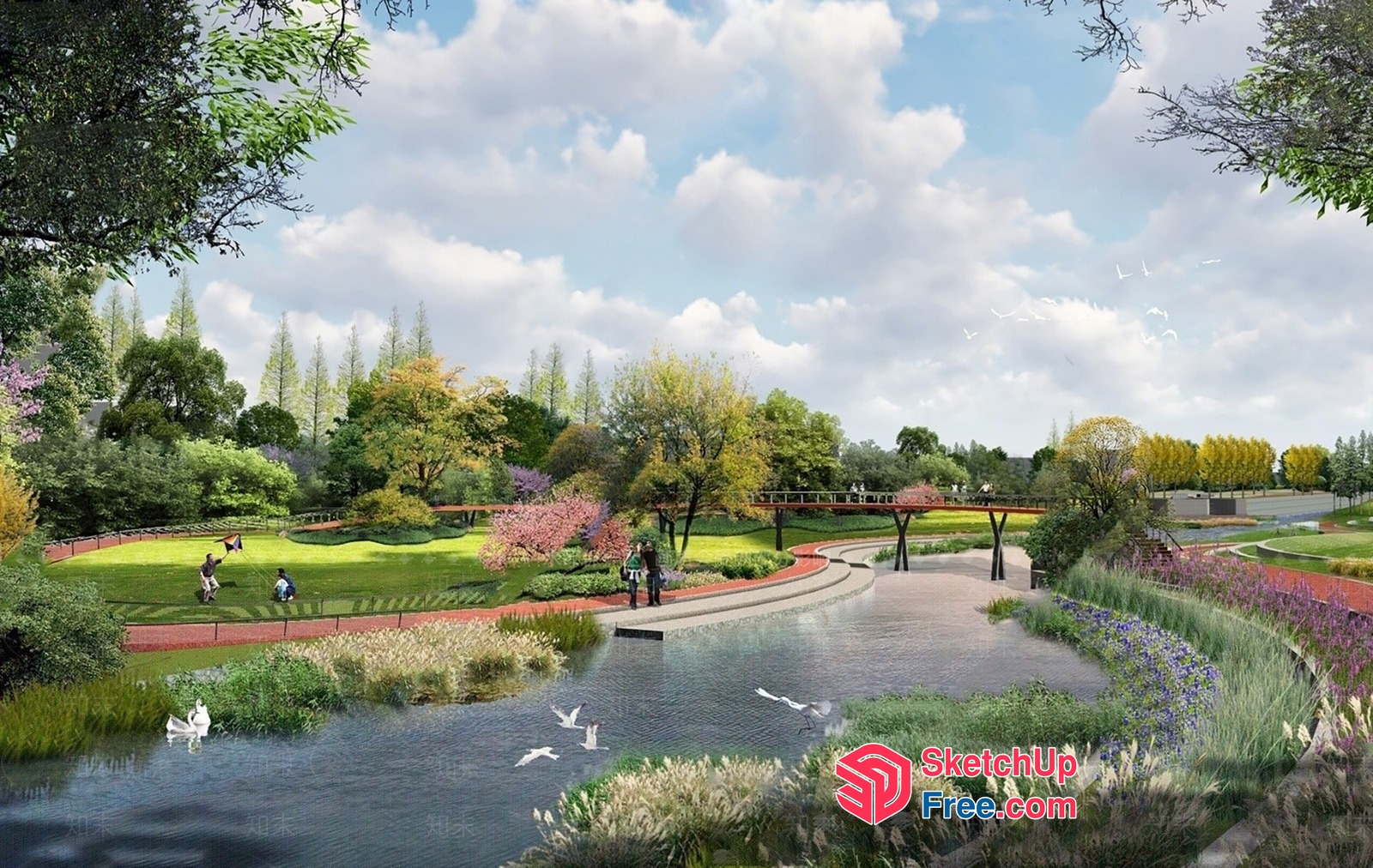 Serene Park Landscape With Winding Pathways And Water Features 3D SketchUp File