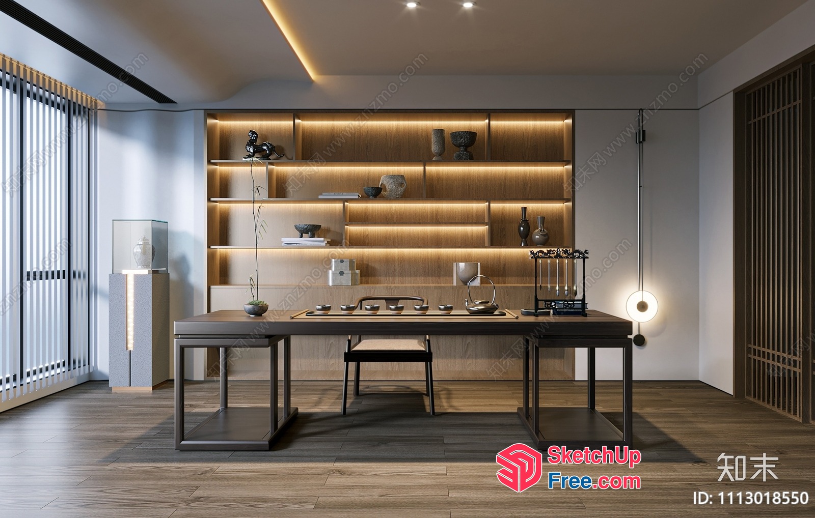 Modern Minimalist Dining Room With Wooden Table And Shelving 3D SketchUp File