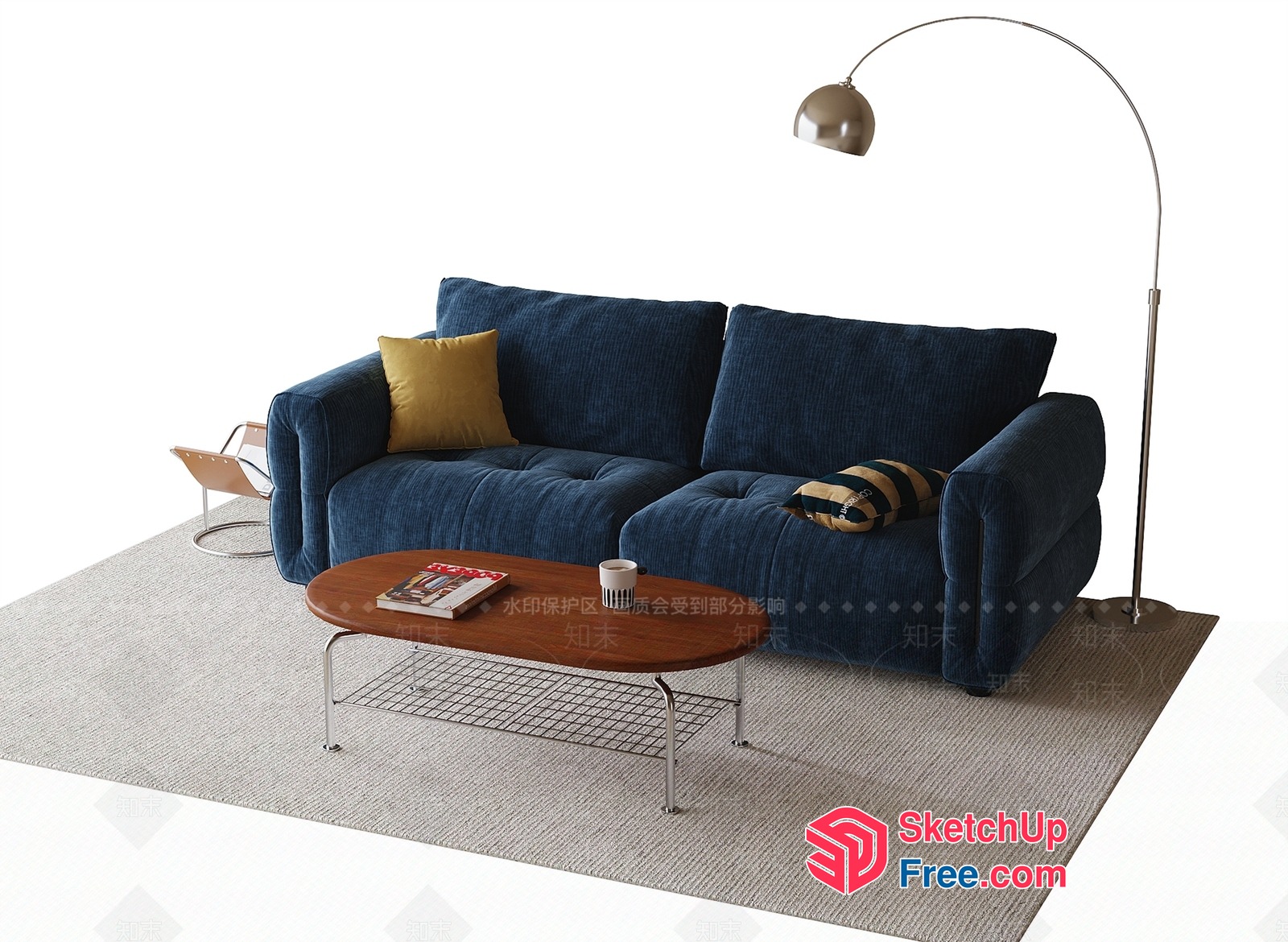 Modern Living Room Interior With Blue Sofa And Wooden Coffee Table 3D SketchUp File
