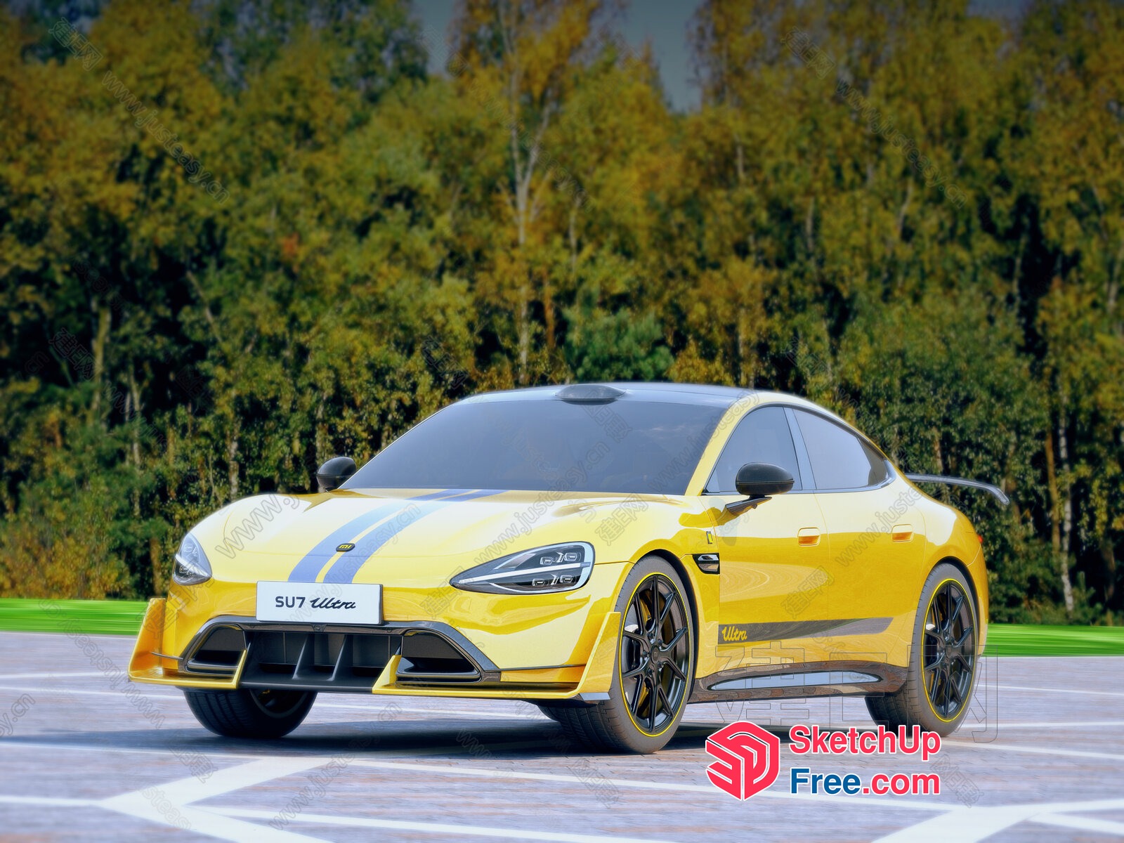 Yellow Sports Car Parked In Front Of A Forest 3D SketchUp File