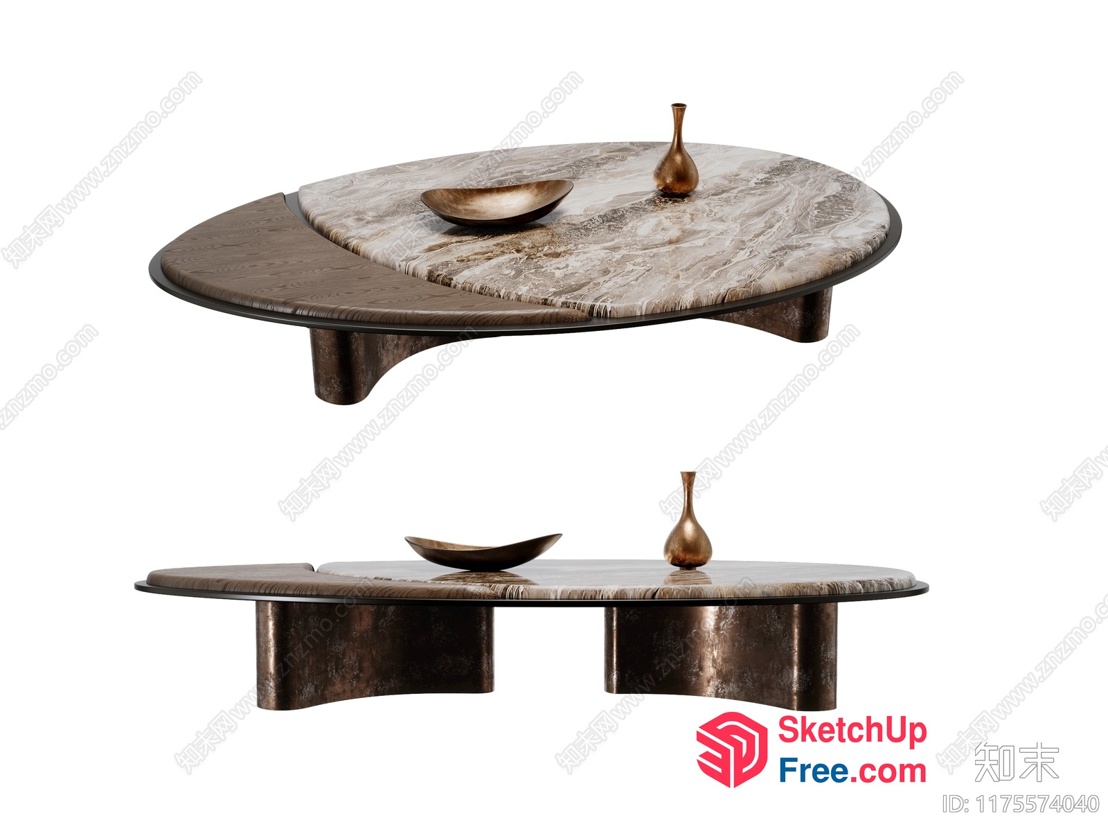 Modern Oval Coffee Table With Marble Top And Decorative Vase 3D SketchUp File