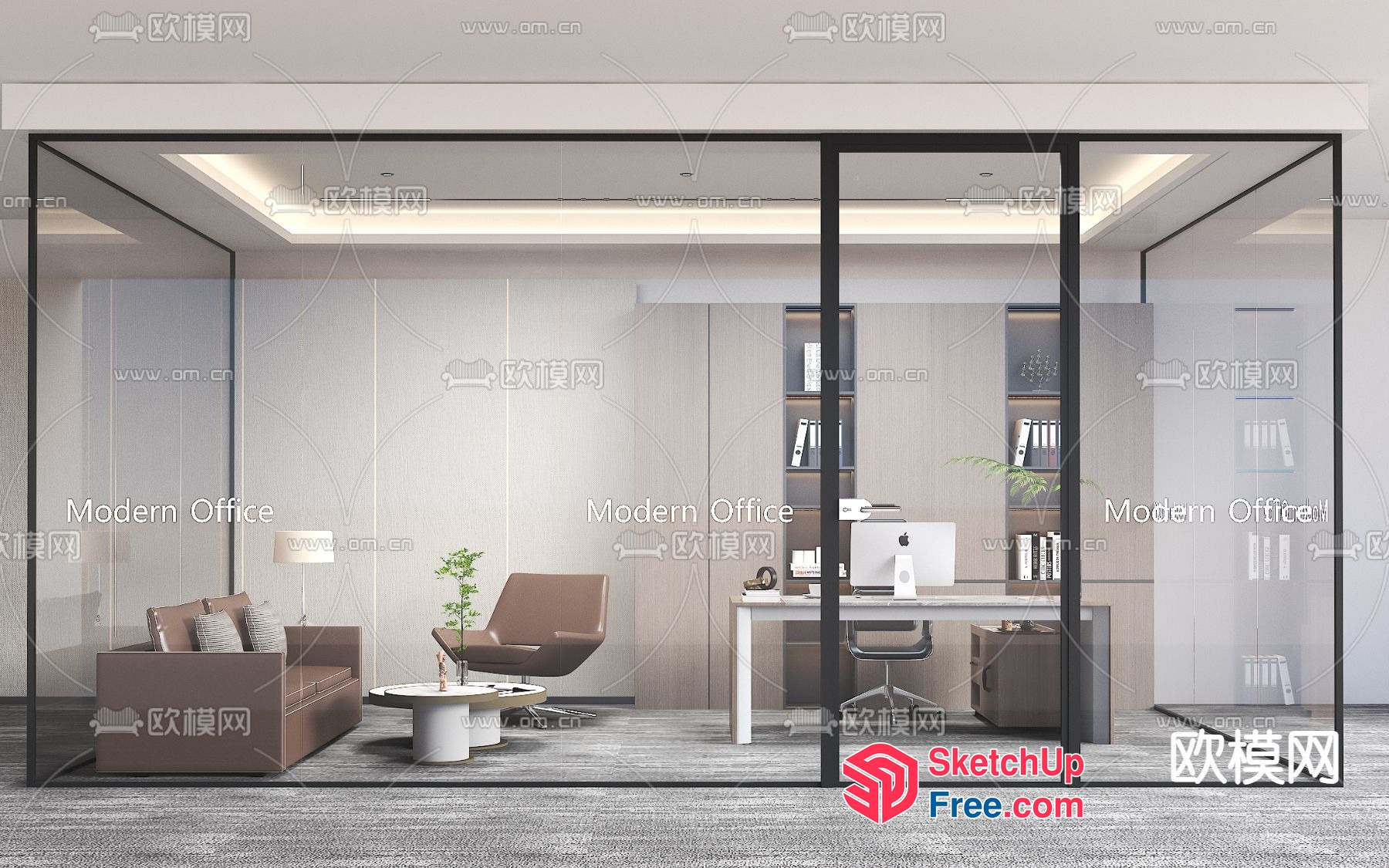 Modern Office Interior With Glass Curtain Wall And Minimalist Decor 3D SketchUp File