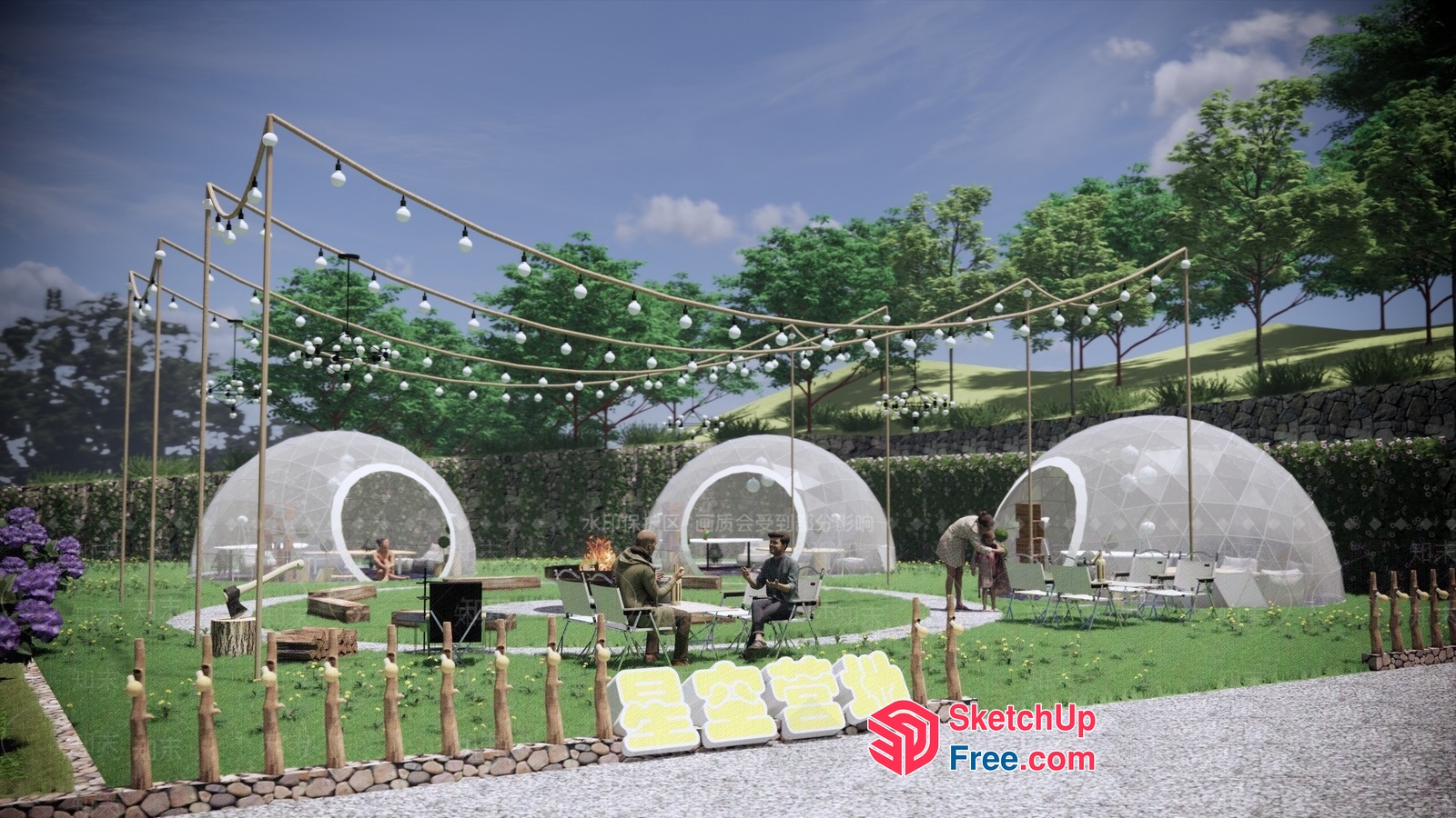 Outdoor Dining Area With Unique Dome-Shaped Structures 3D SketchUp File