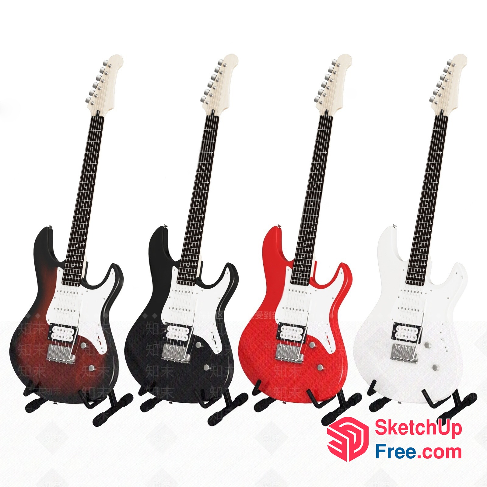 Five Guitars On Black Stands 3D SketchUp File
