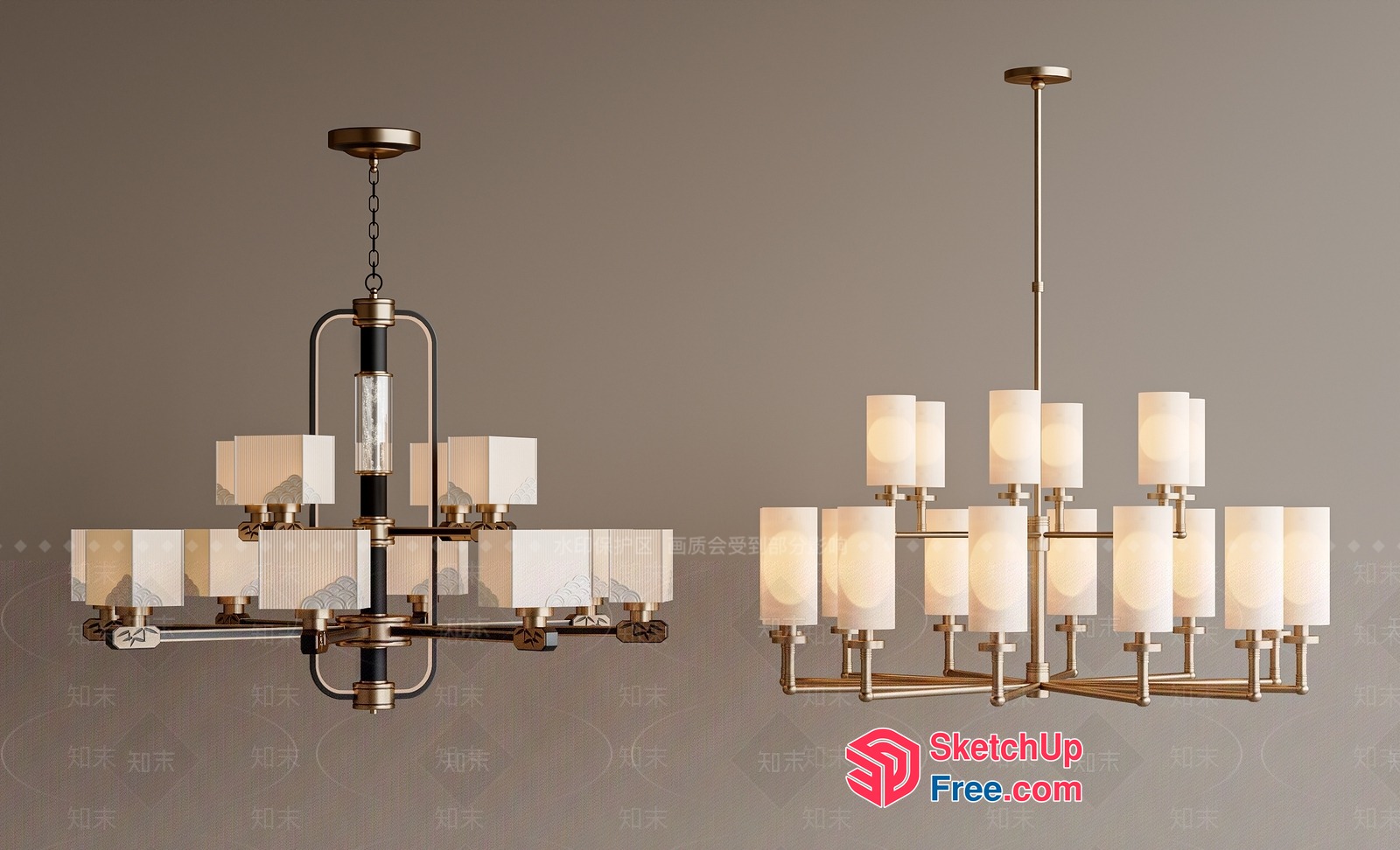 Elegant Chandelier With White Shades And Gold Accents 3D SketchUp File