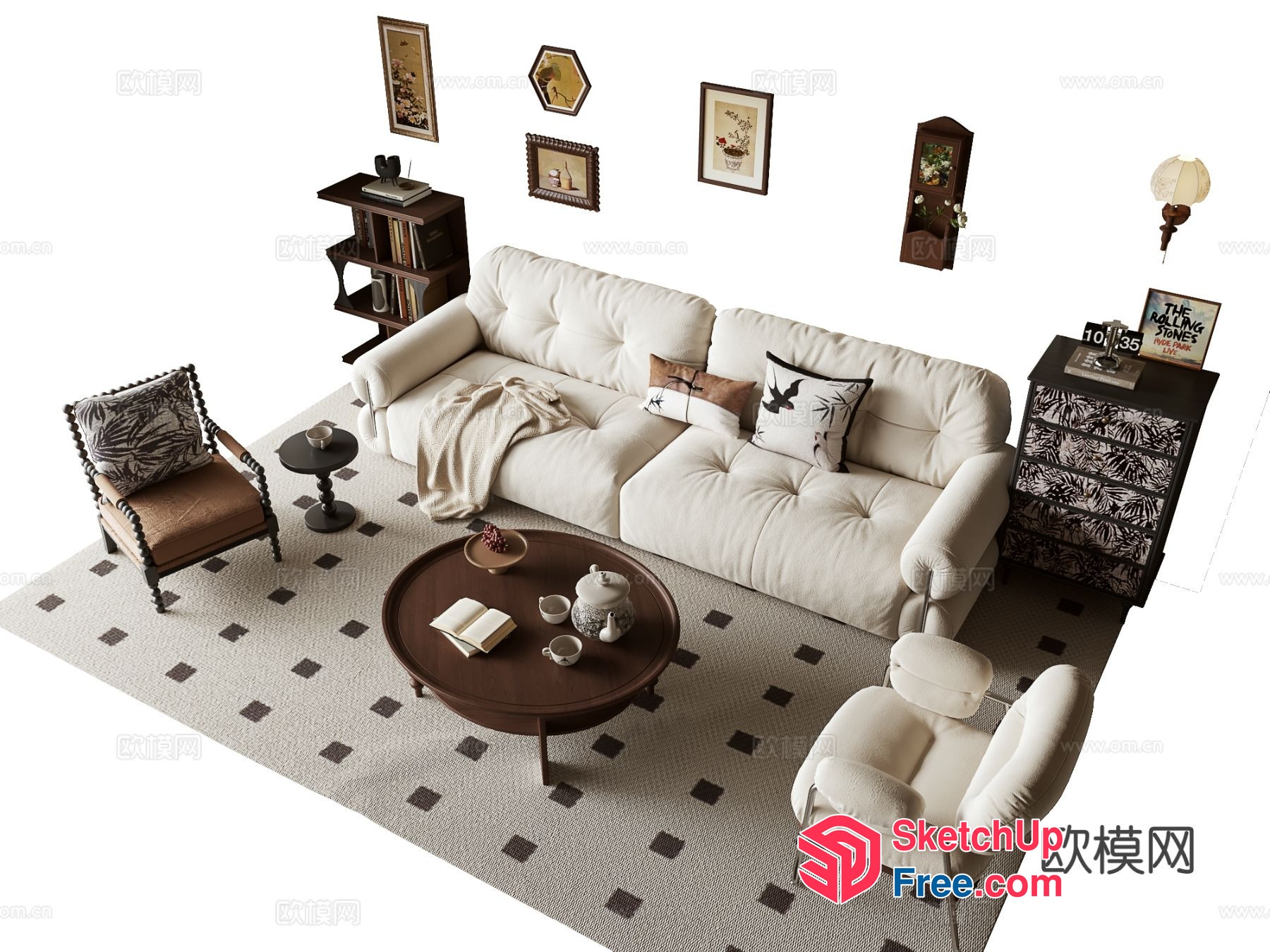 Elegant Living Room With Creamy Style Furniture And Decor 3D SketchUp File