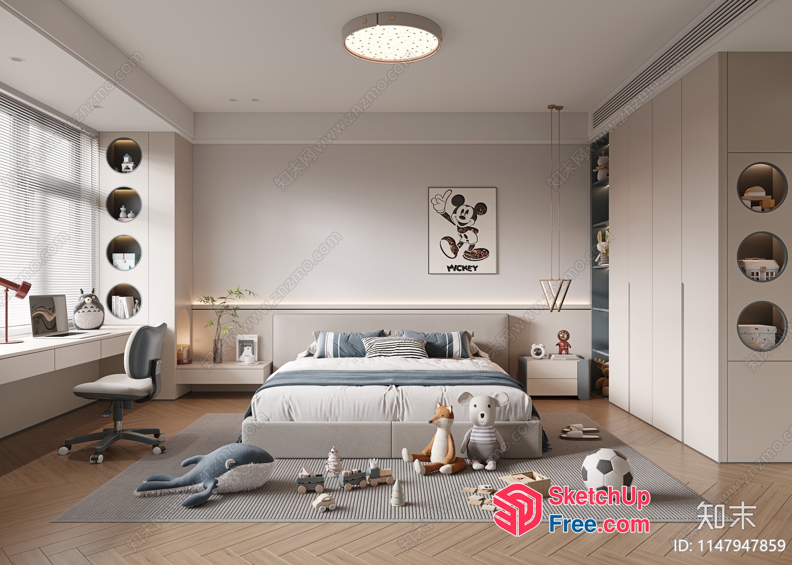 Modern Minimalist Bedroom With Mickey Mouse Artwork 3D SketchUp File