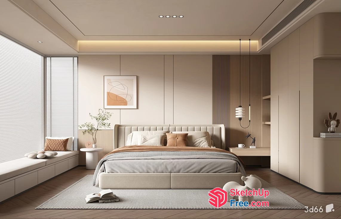 Minimalist Japanese Style Bedroom With Creamy Furniture 3D SketchUp File