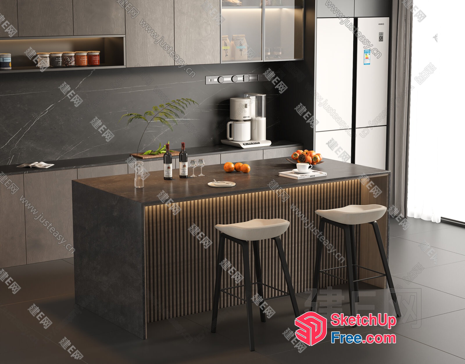 Modern Kitchen Island With Wine Bottles And Oranges 3D SketchUp File