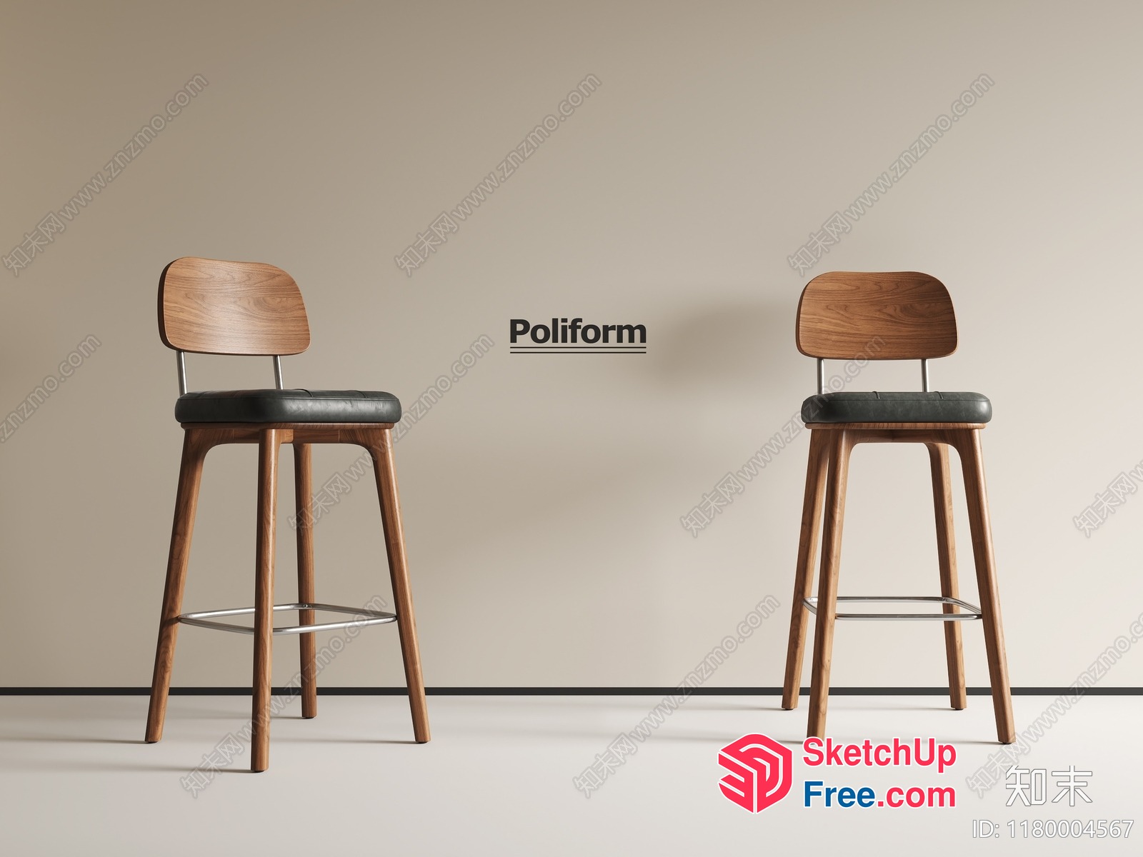 Two Wooden Bar Stools With Cushioned Seats And Backrests 3D SketchUp File