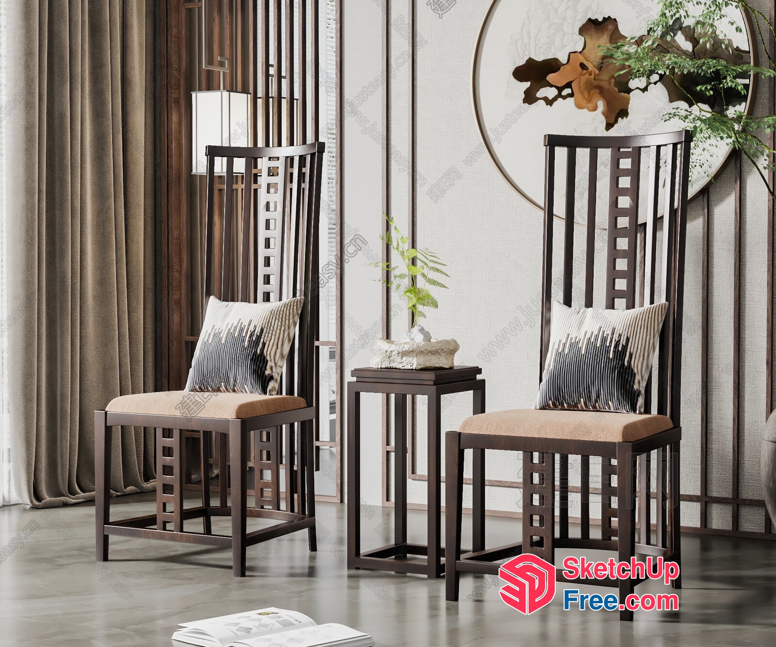 Elegant Japanese-Style Dining Room With Dark Wood Accents 3D SketchUp File