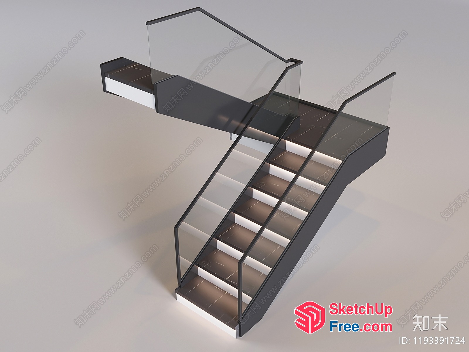 Modern Staircase Design With Glass Railing And Wooden Steps 3D SketchUp File