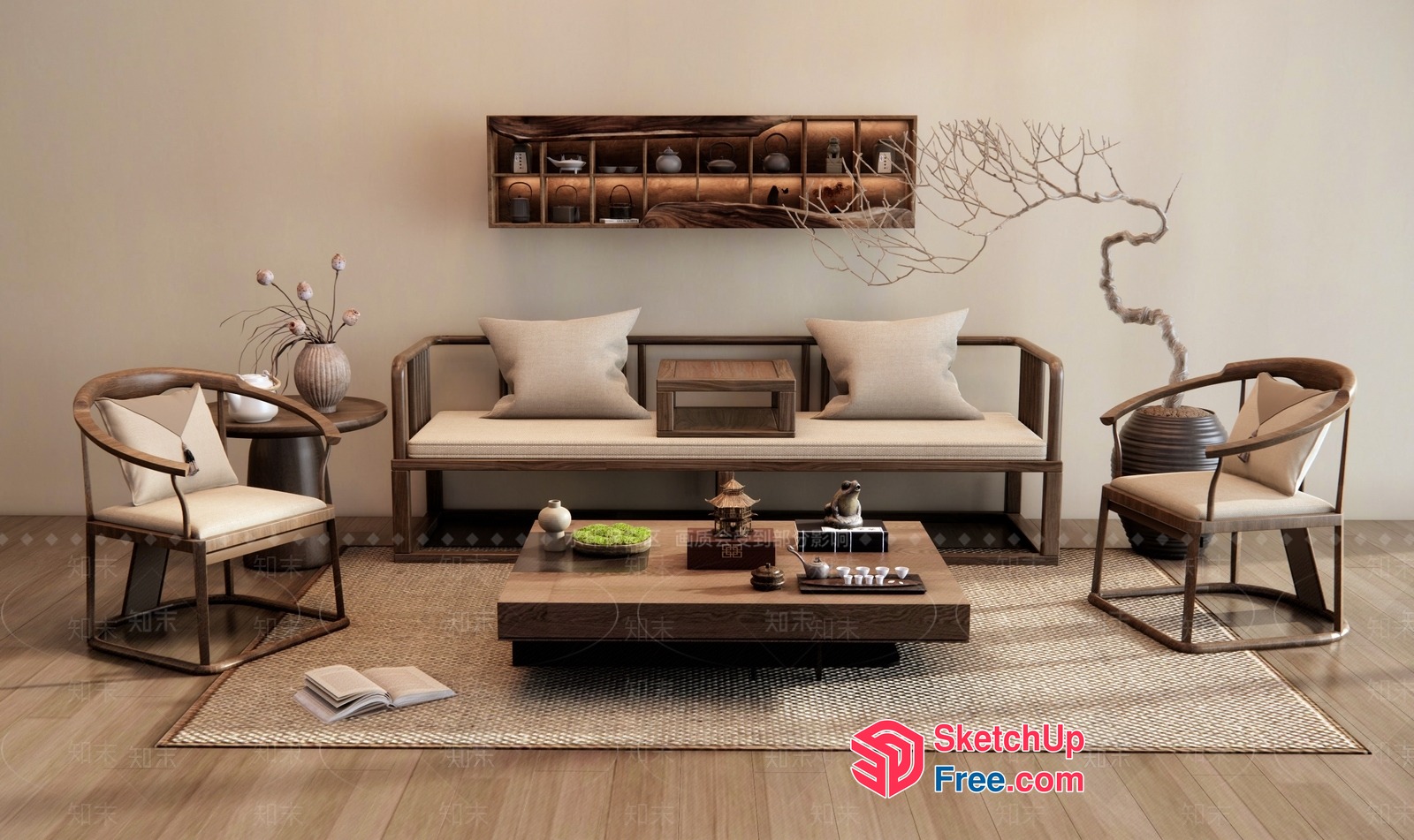 Elegant Japanese-Style Living Room With Natural Wood Accents 3D SketchUp File