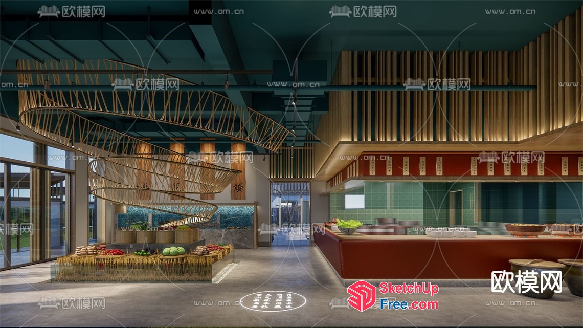 Modern Interior With Staircase And Food Display 3D SketchUp File