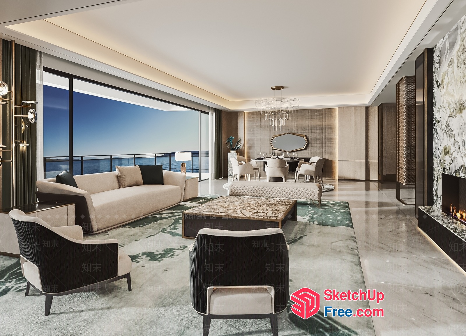Modern Living Room With Balcony And Ocean View 3D SketchUp File
