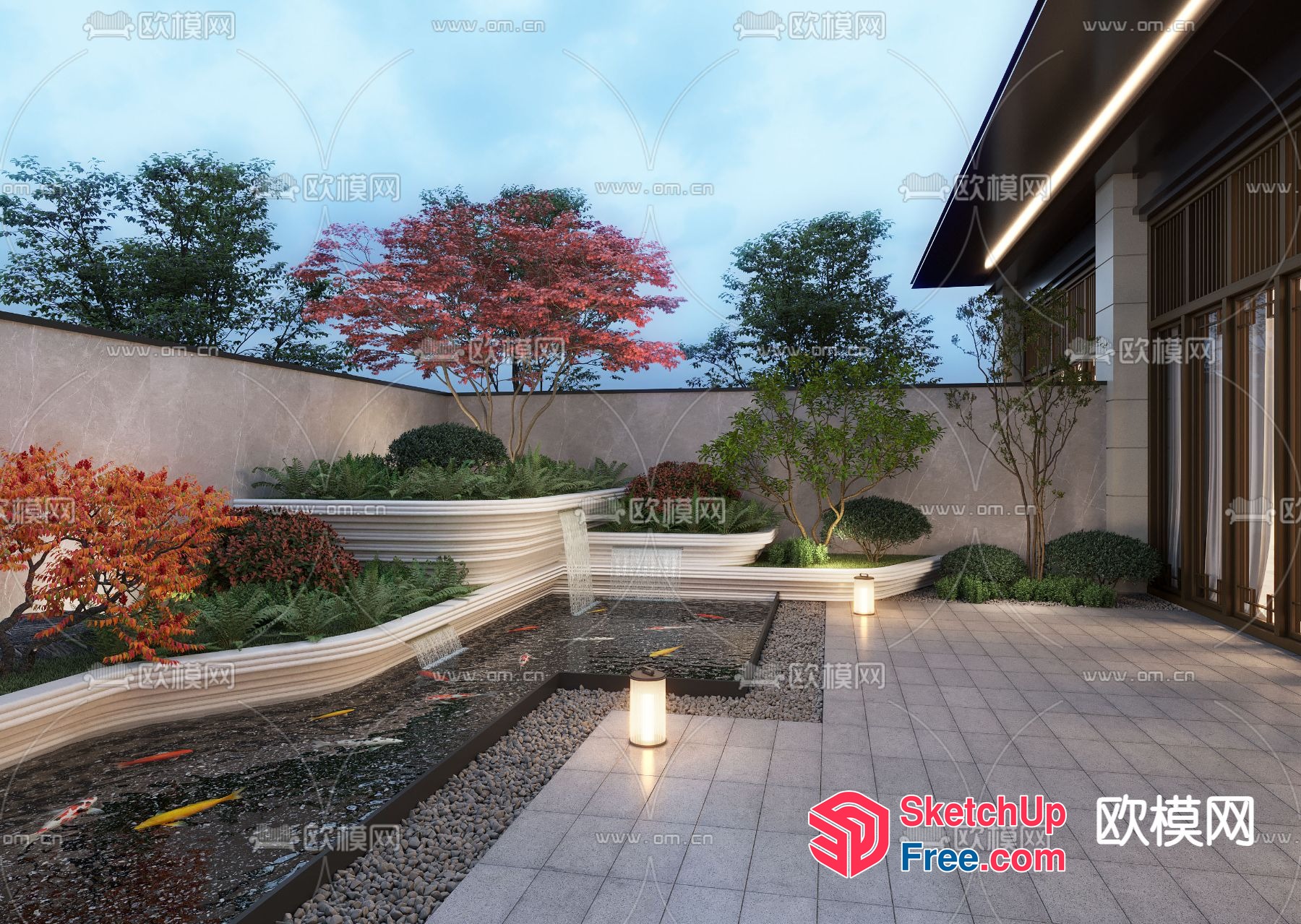 Modern Japanese Style Garden Courtyard With Koi Pond 3D SketchUp File