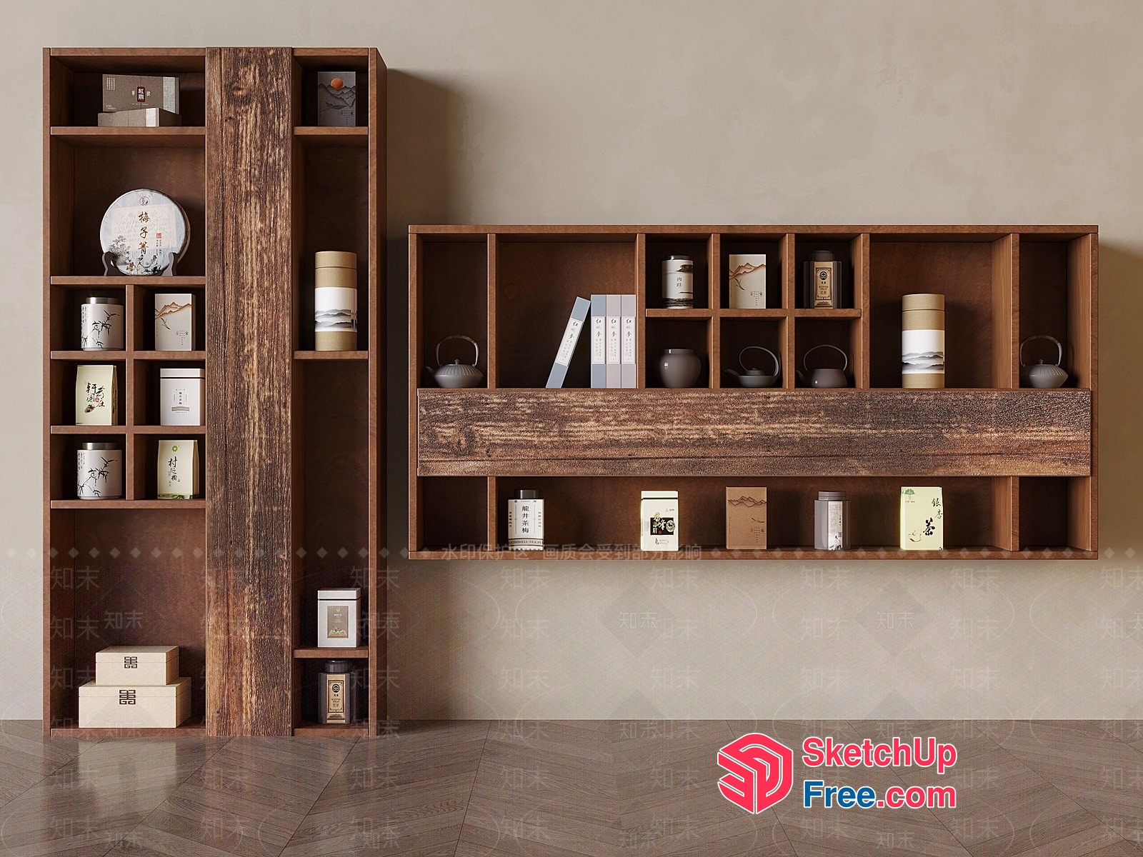 Wooden Shelving Units With Decorative Items 3D SketchUp File