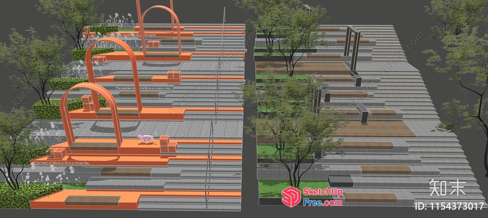 Modern Staircase With Orange Accents And Greenery 3D SketchUp File