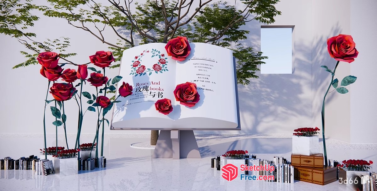 Bookstore With Red Roses And Bookshelves 3D SketchUp File
