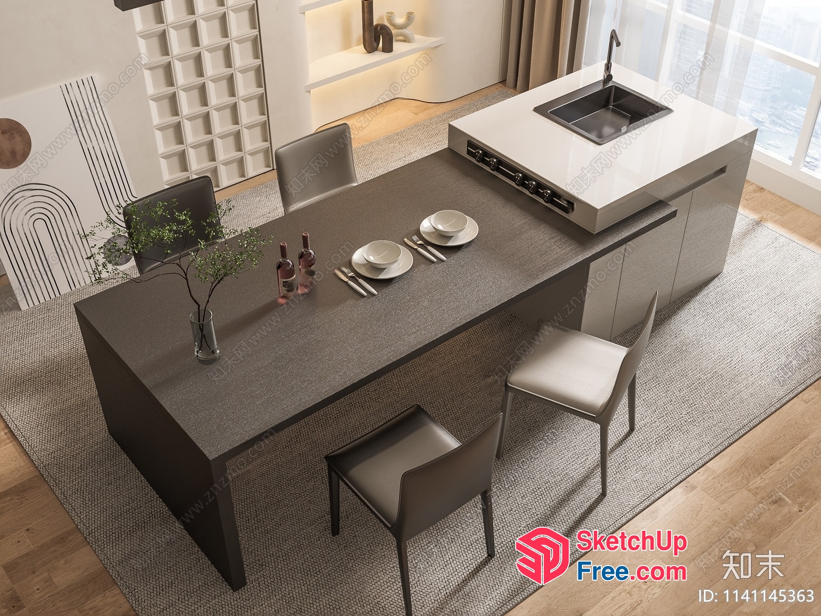 Modern Minimalist Dining Room With Wooden Table And Chairs 3D SketchUp File