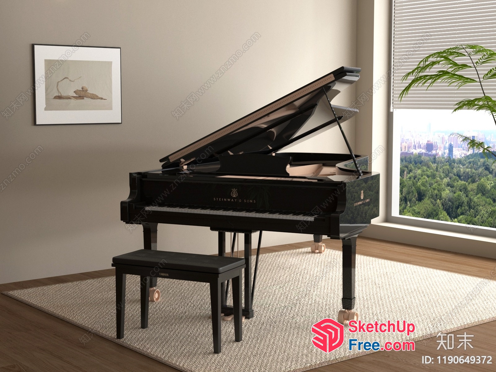 Elegant Piano And Stool In A Serene Room 3D SketchUp File