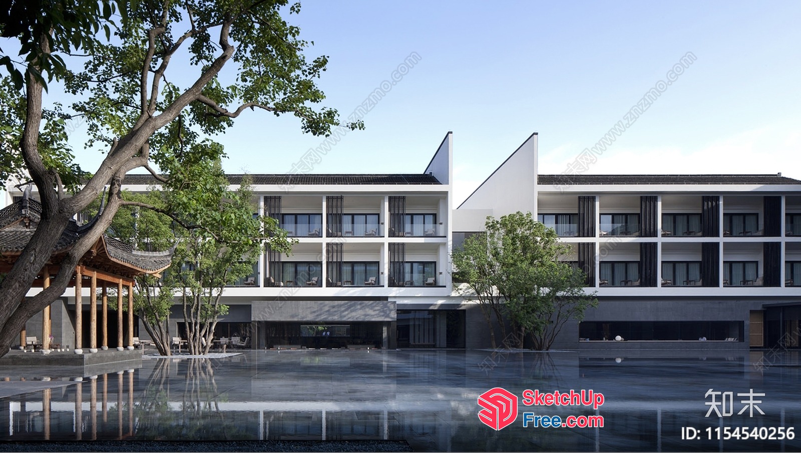 Asian-Inspired Hotel Exterior With Modern Architecture 3D SketchUp File