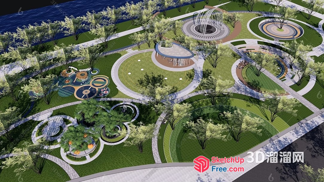Serene Park With Curved Pathways And Water Features 3D SketchUp File