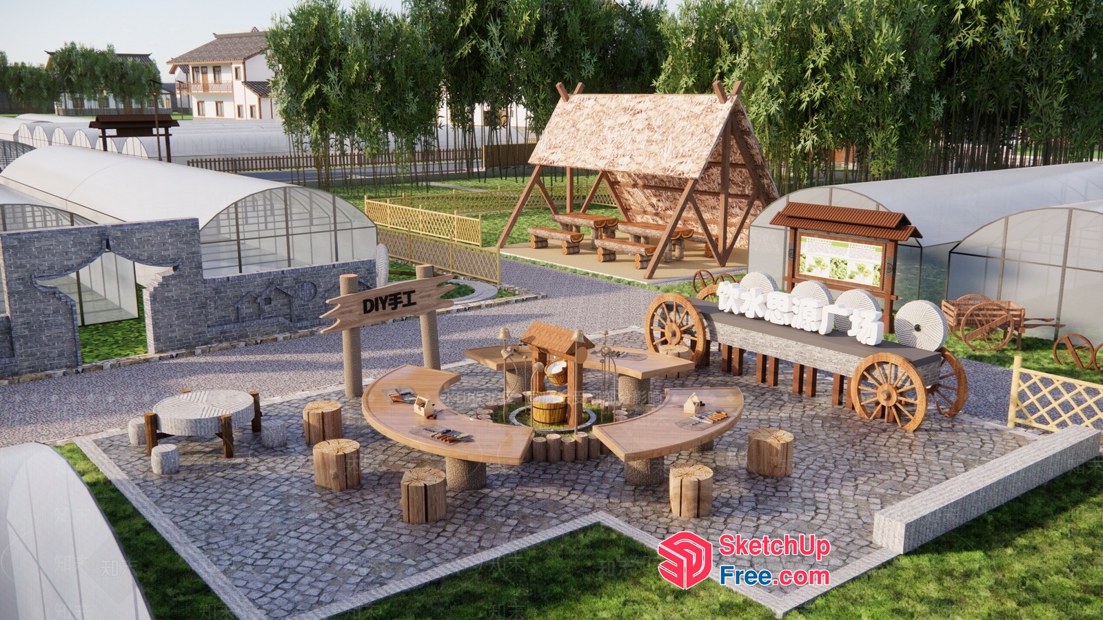 Rustic Wooden And Stone Outdoor Furniture Set 3D SketchUp File