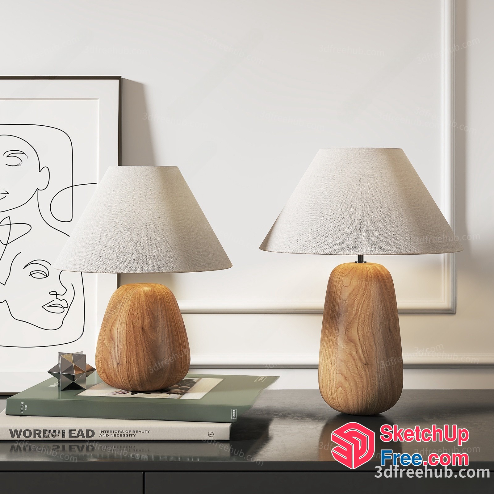 Elegant Table Lamps With Wooden Bases And White Shades 3D SketchUp File