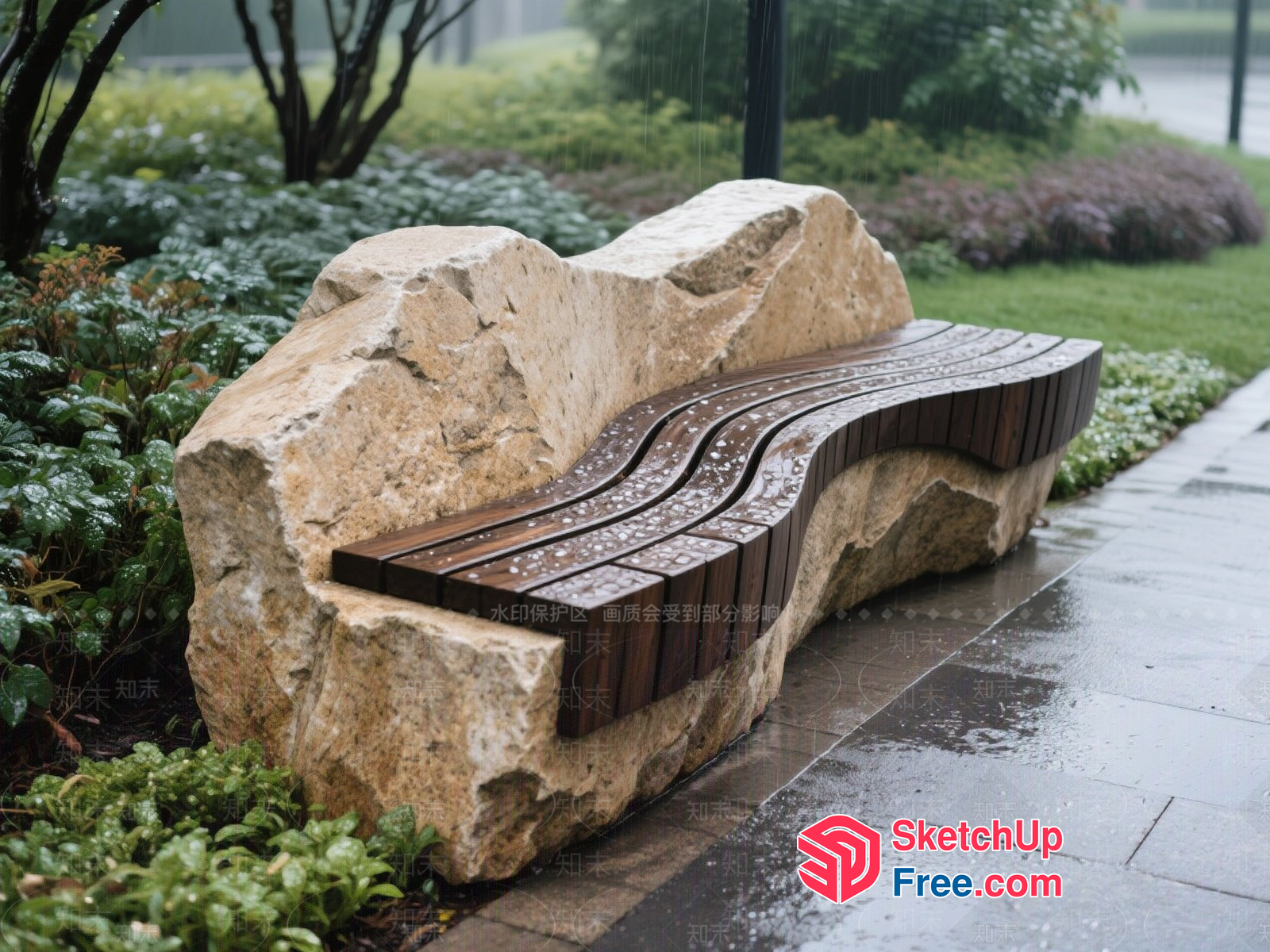 Natural Stone And Wooden Bench In A Serene Garden Setting 3D SketchUp File