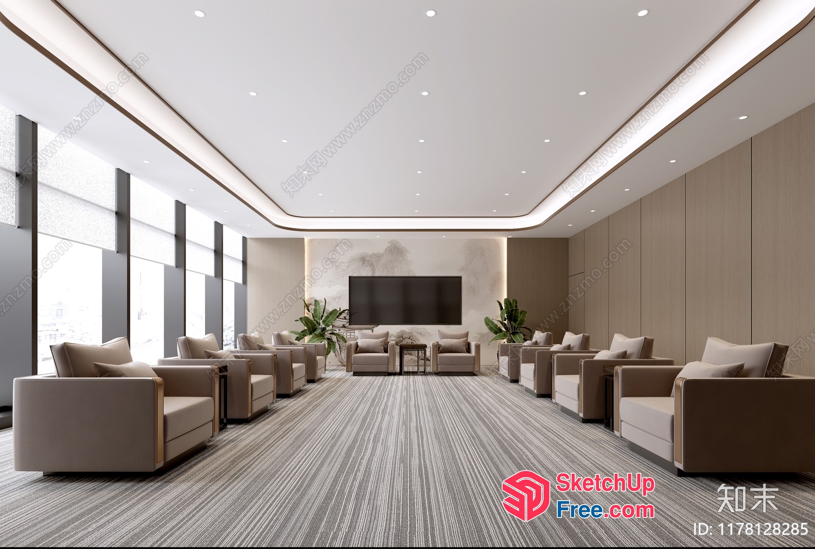 Modern Living Room With Beige Furniture And Large Windows 3D SketchUp File