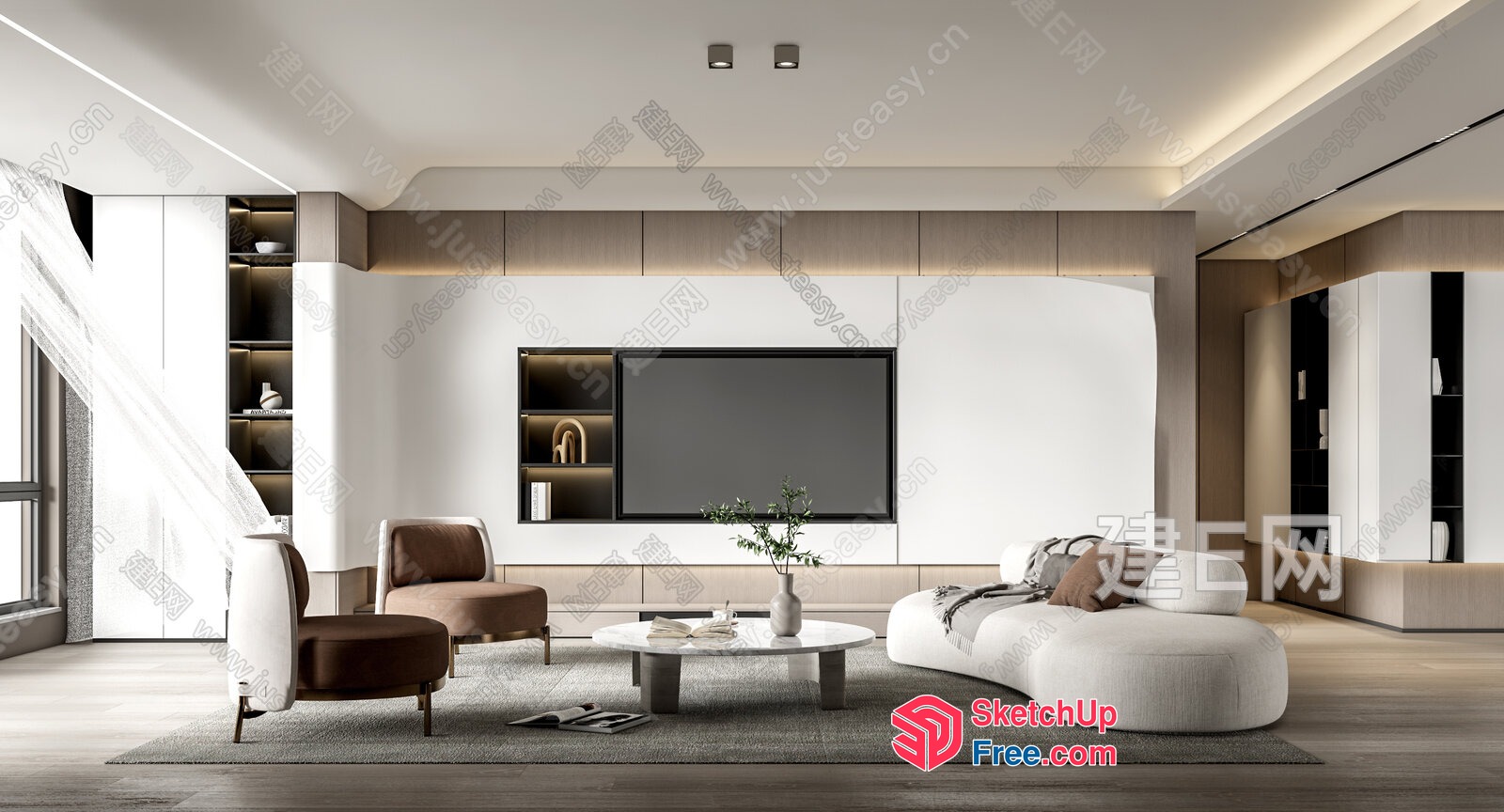 Minimalist Modern Living Room With White And Brown Furniture 3D SketchUp File