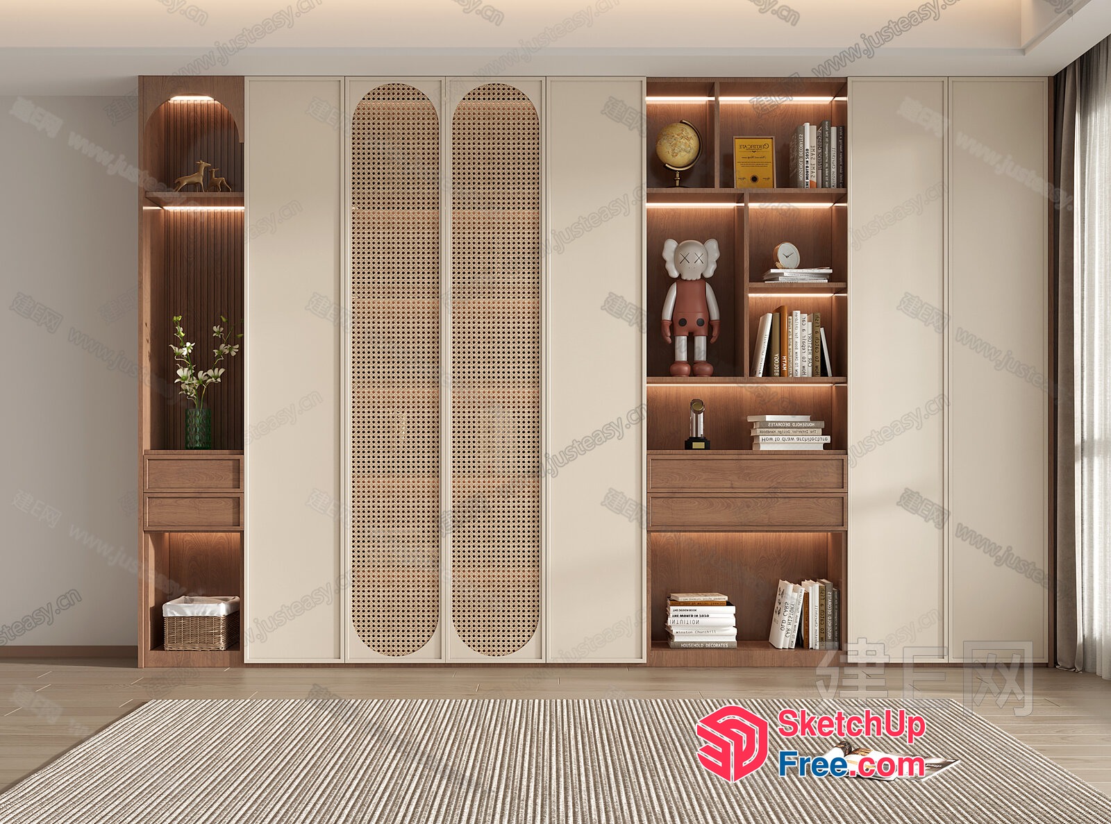 Elegant And Modern Rattan Bookcase With Unique Decor 3D SketchUp File