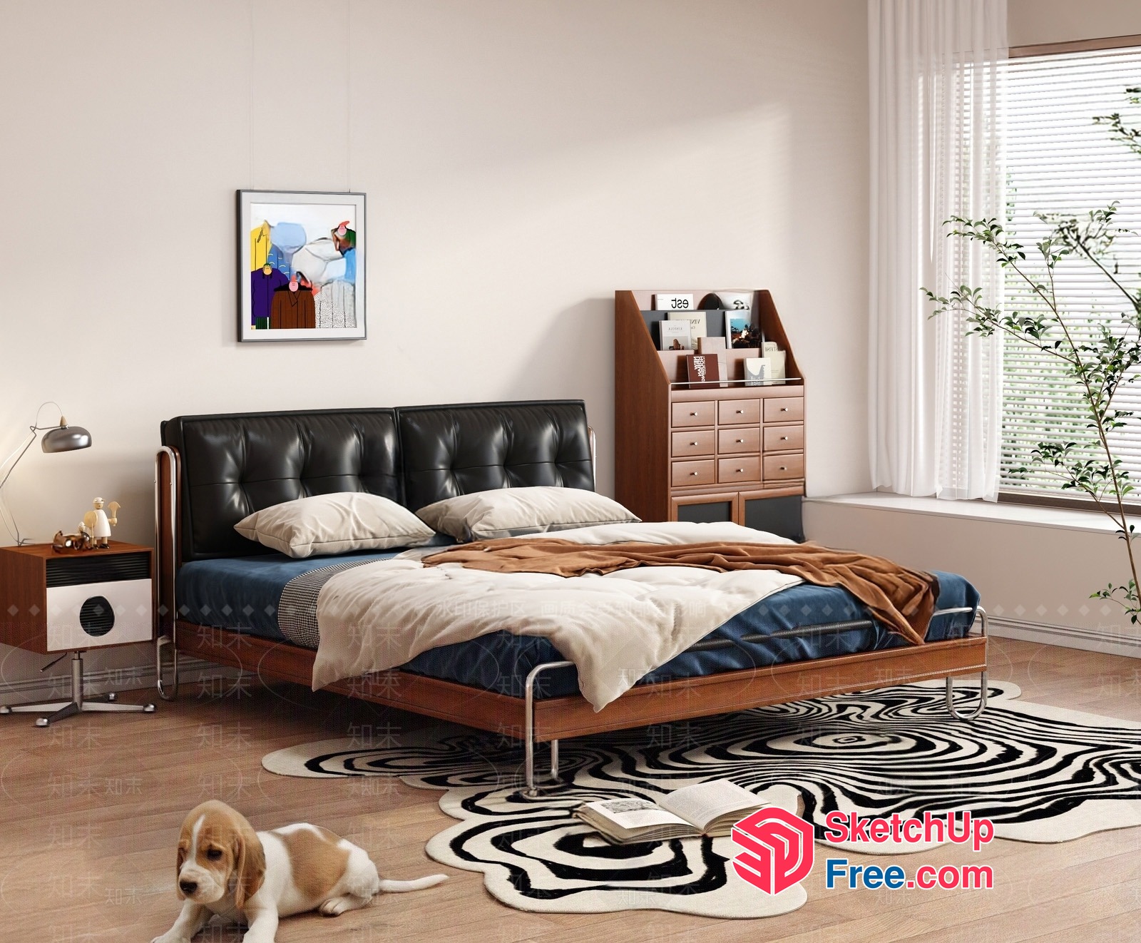 Modern Bed With Black Leather Headboard And Wooden Frame 3D SketchUp File