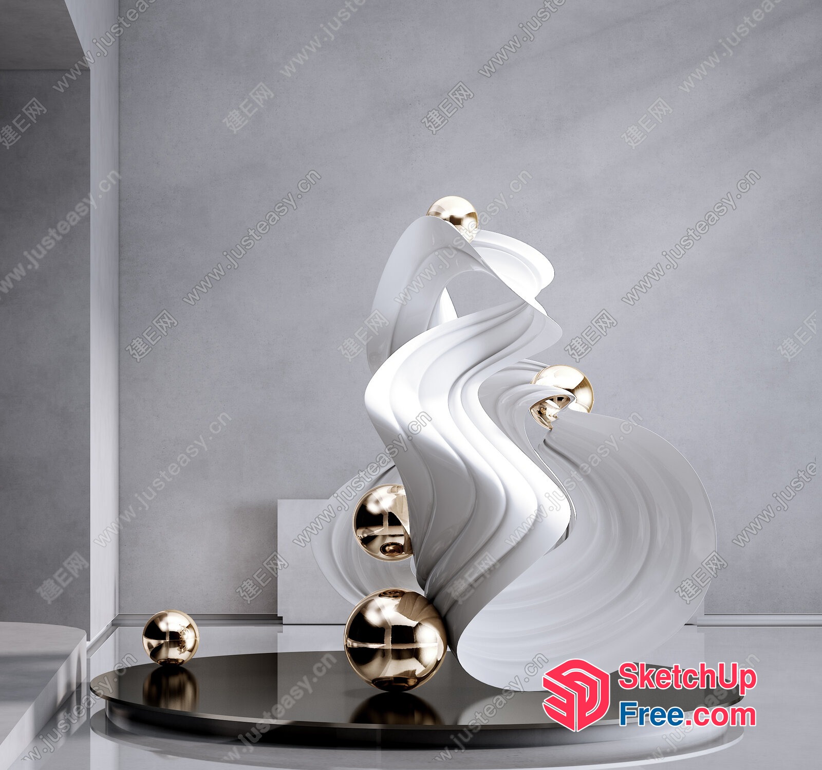 Elegant White Sculpture With Golden Balls 3D SketchUp File