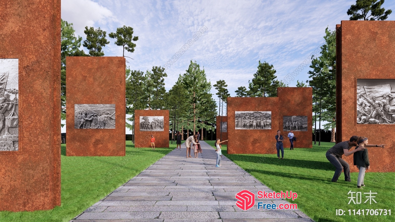 Outdoor Art Exhibition With Sculptures And Trees 3D SketchUp File