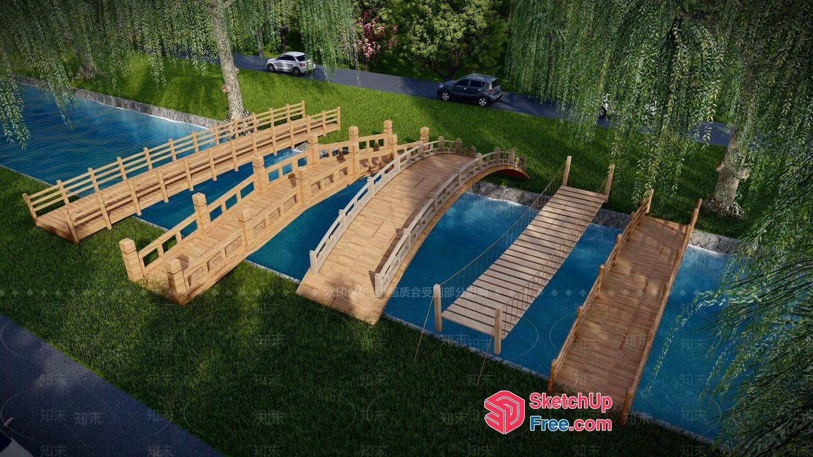 Serene Wooden Bridge Collection Over Water 3D SketchUp File