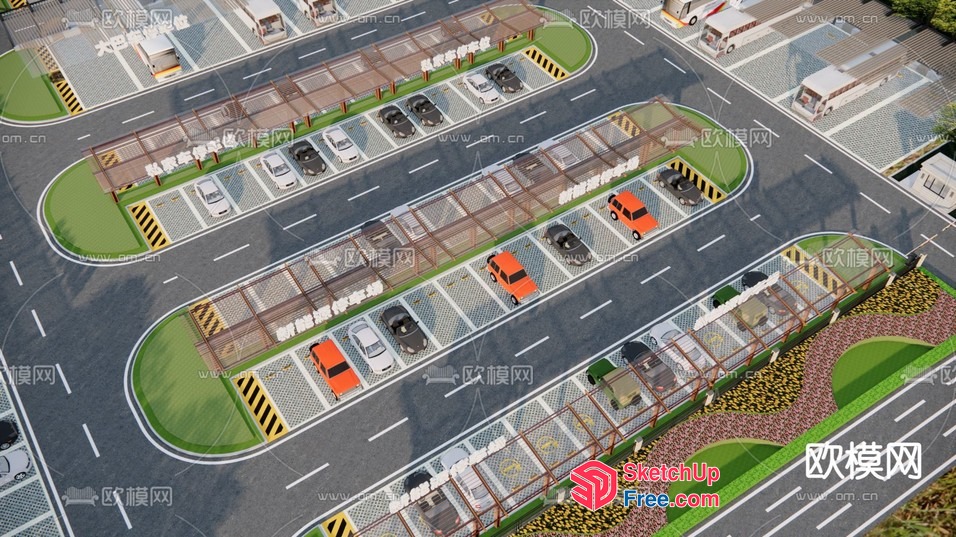 Aerial View Of A Parking Lot With Cars And Trucks 3D SketchUp File