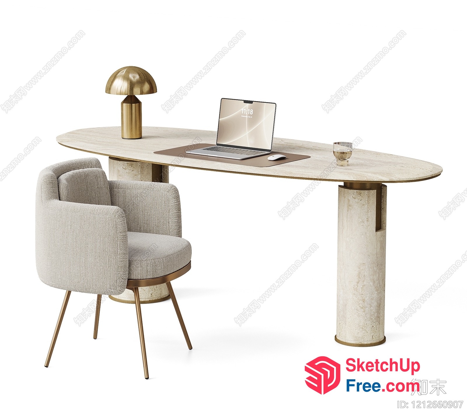 Elegant Creamy Style Office Desk With Pillar And Chair 3D SketchUp File