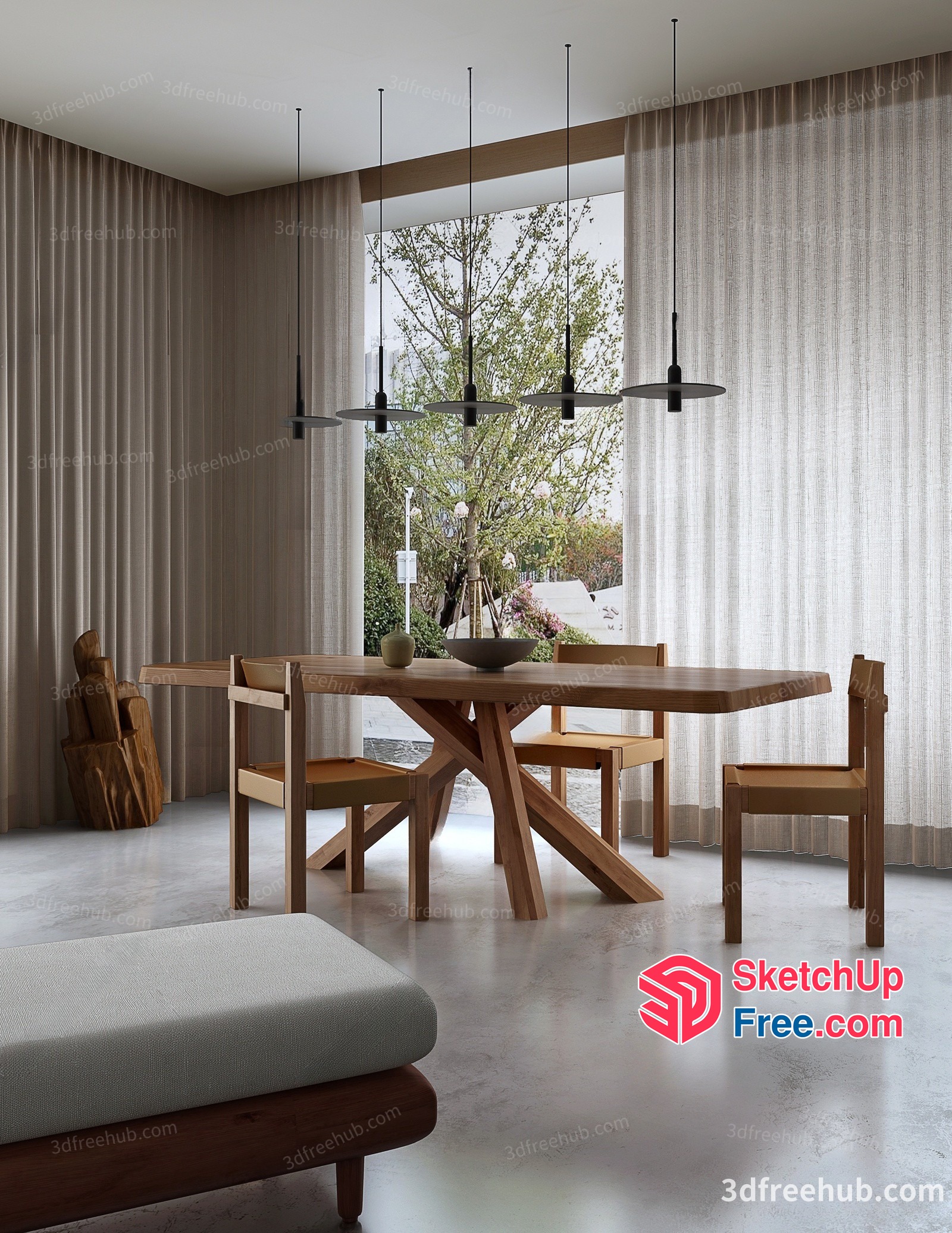 Elegant Dining Room With Natural Wood Furniture 3D SketchUp File