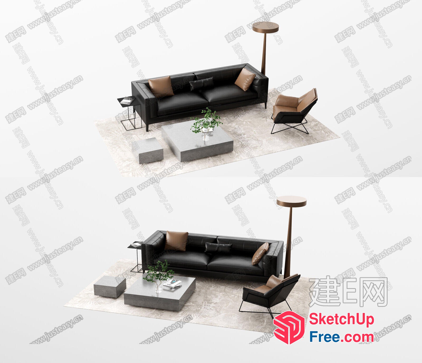 Modern Living Room Furniture Set With Leather Sofa And Armchair 3D SketchUp File
