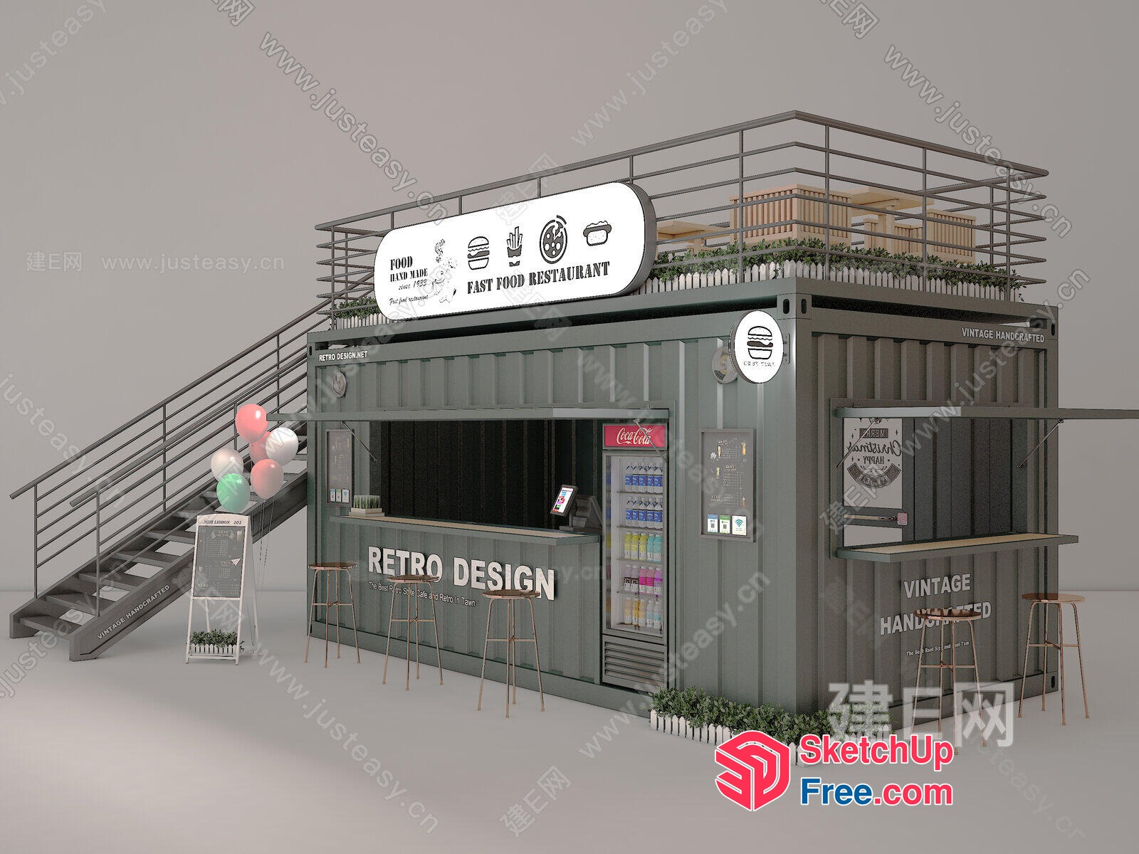 Modern Industrial-Style Fast Food Restaurant 3D SketchUp File