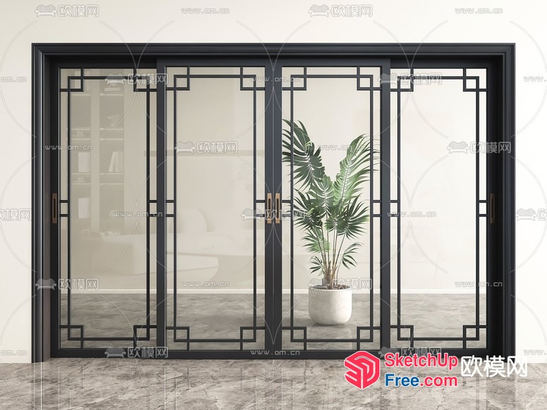 Ornate Glass Wall And Door With Potted Plant 3D SketchUp File