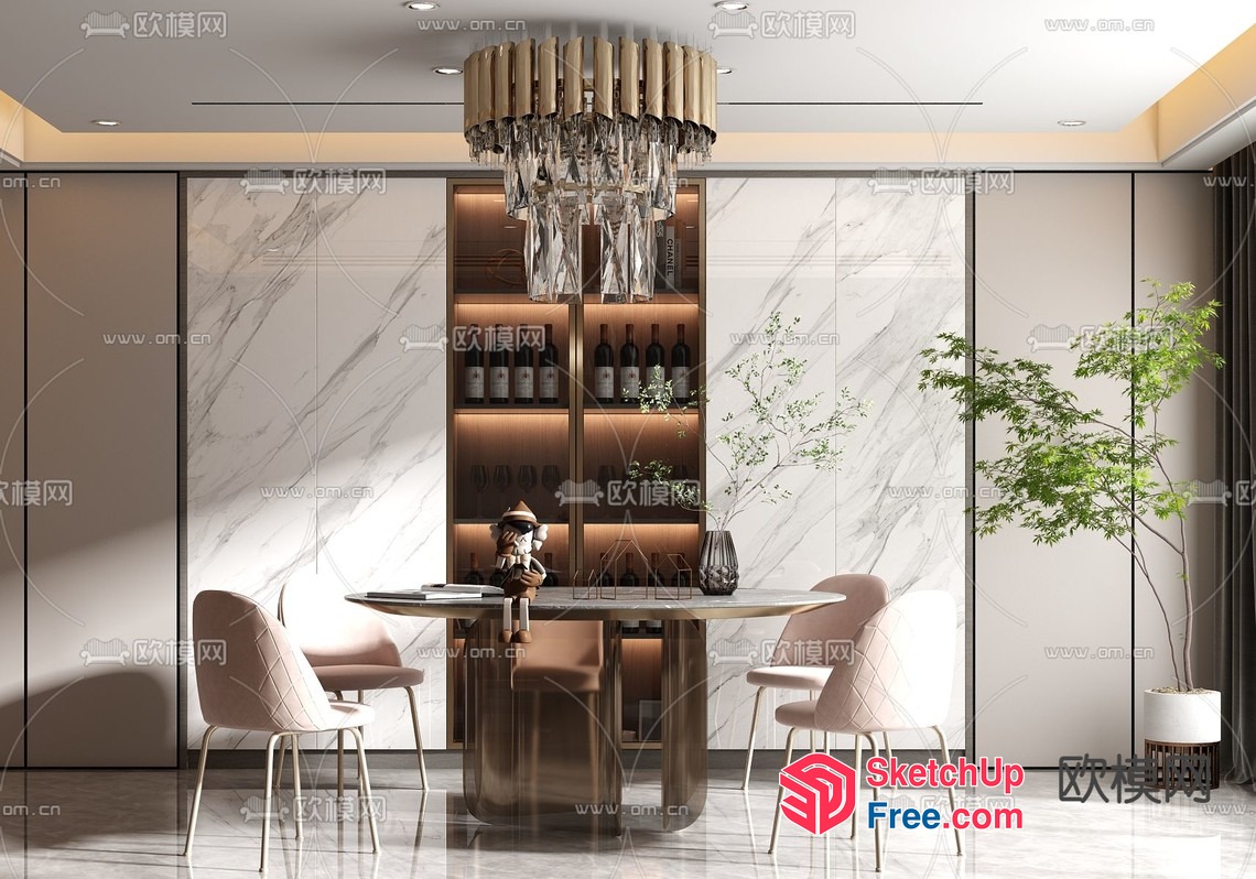 Elegant Dining Room With Marble Walls And Modern Chandelier 3D SketchUp File