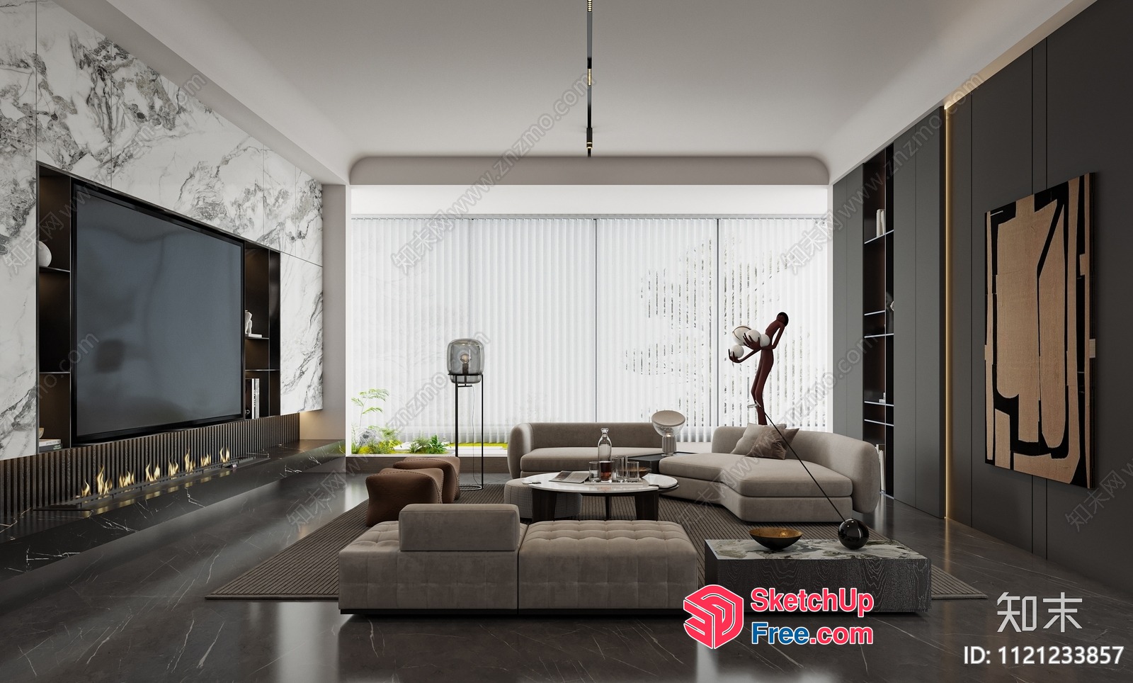 Modern Living Room With Large Tv And Fireplace 3D SketchUp File