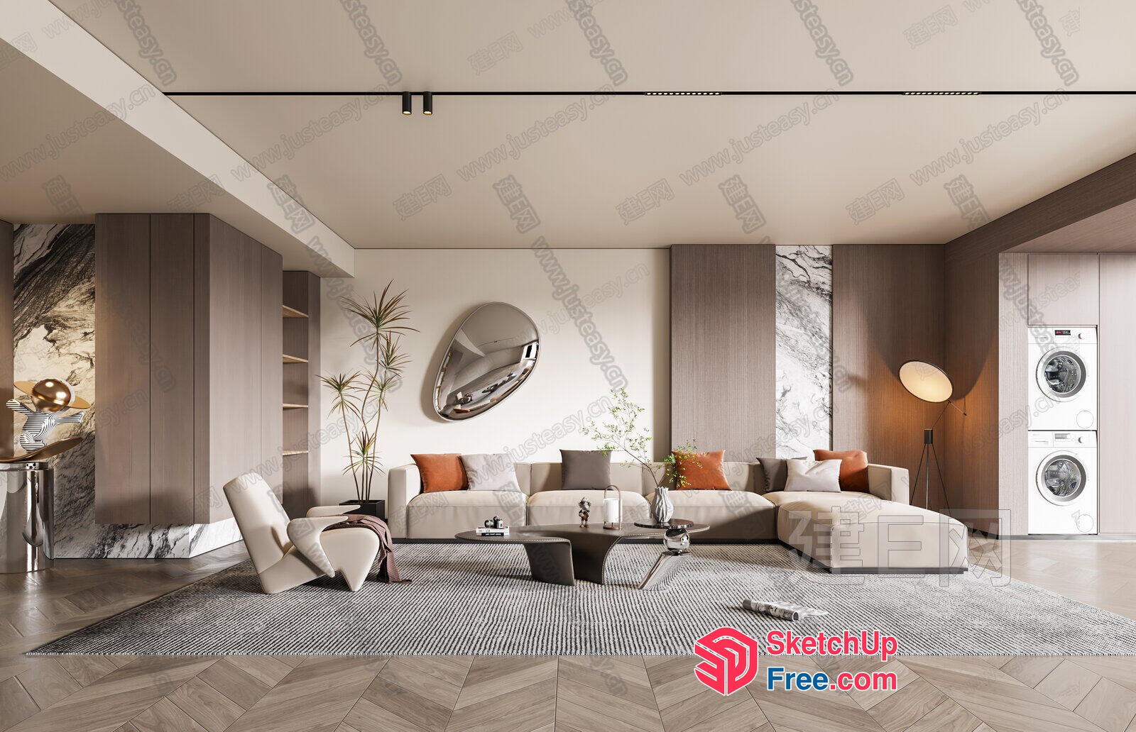 Modern Living Room With Creamy Style Furniture 3D SketchUp File
