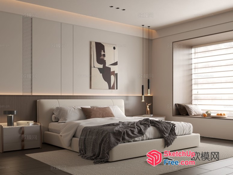 Modern Minimalist Bedroom With Creamy White And Gray Tones 3D SketchUp File