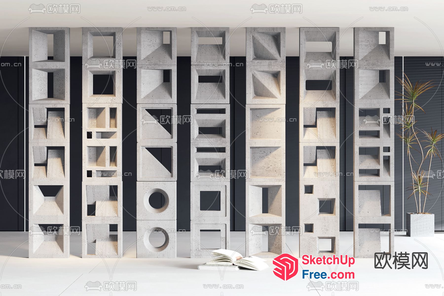 Modern Concrete Shelving Unit With Geometric Shapes 3D SketchUp File