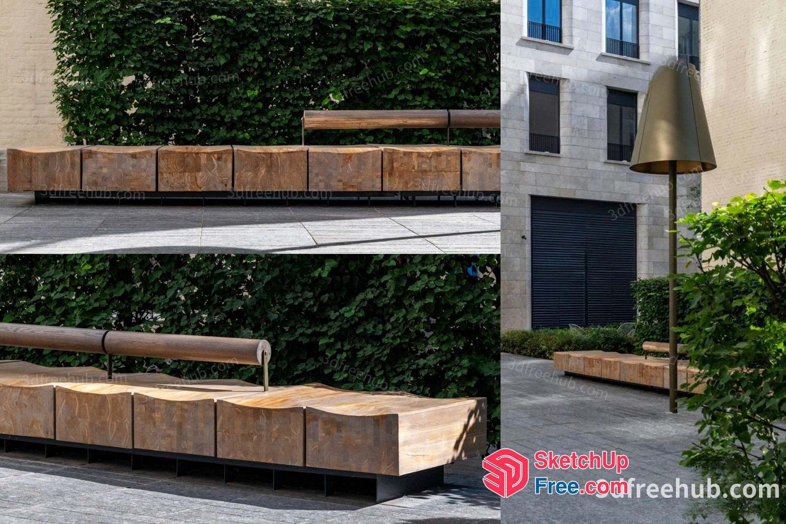 Outdoor Seating Area With Wooden Benches And Greenery 3D SketchUp File